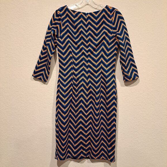 Young Threads Zig Zag Bodycon 3/4 Sleeve Dress Blue Orange Darts Women's size L - Picture 5 of 10